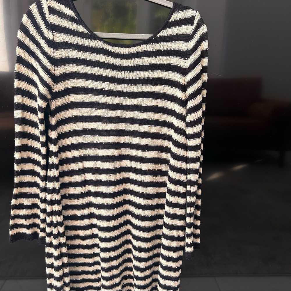 Free People Black and Cream Striped Open-Knit Sweater